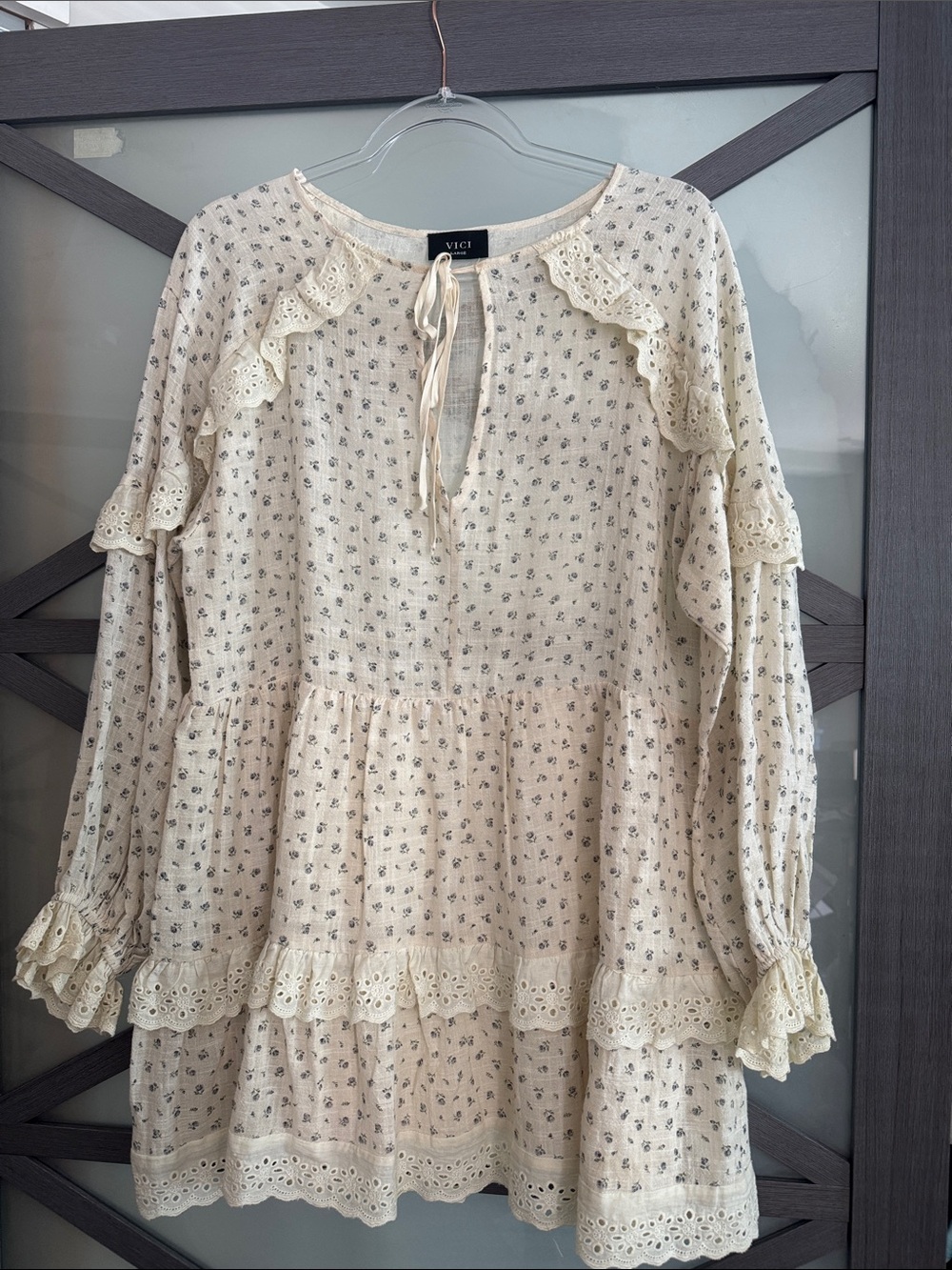 VICI Cream Floral Ruffle Peasant Mini Dress LARGE